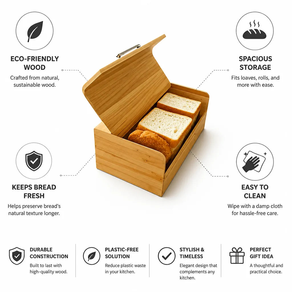 Bread Storage Box Wooden Flip-Top Lid