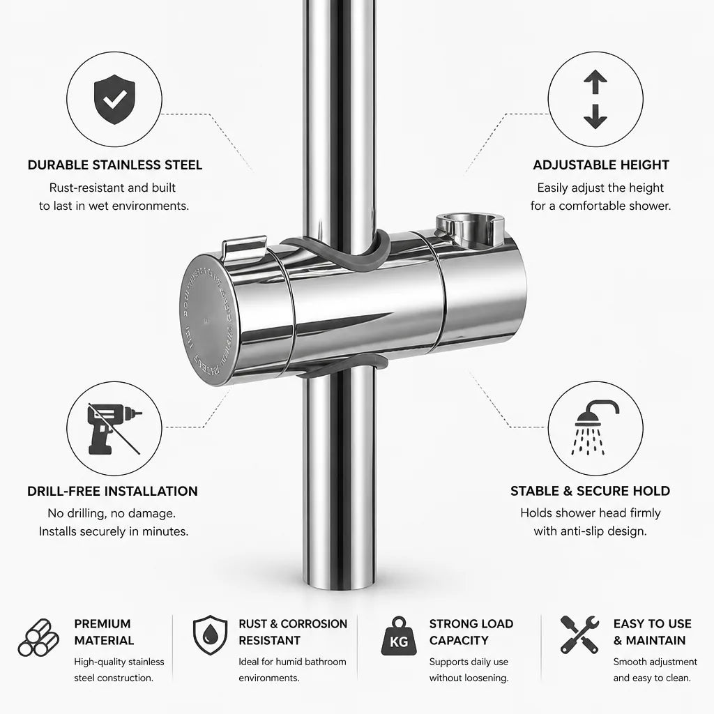 Shower Head Holder Stainless Steel Adjustable Height Drill-Free