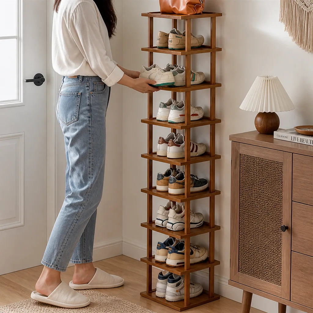 Space-Saving Open-Frame Shoe Organizer (Wood Shelves)
