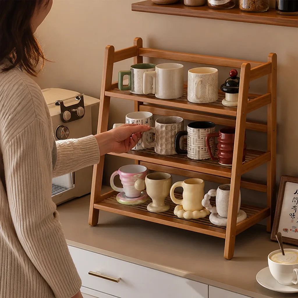 Tiered Open-Frame Natural Wood Mug Display Rack