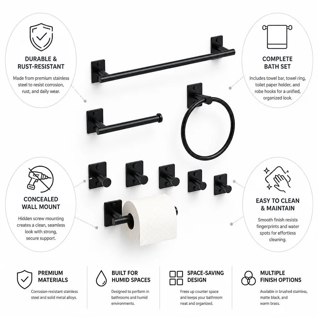 Wall-Mounted Bathroom Set Stainless Steel Concealed Mounts