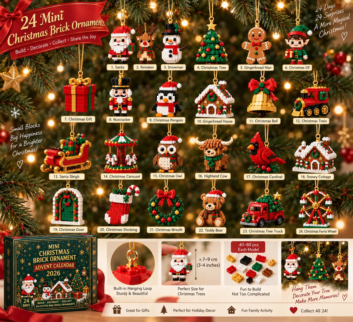 Advent Calendar Buildable Brick Ornaments Set of 24