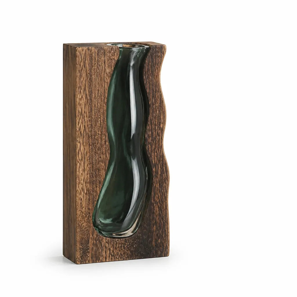 Curved Glass Insert in Live-Edge Solid Wood Frame Vase