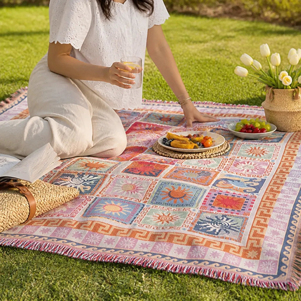 Fringed Patchwork Sun Picnic Blanket (160 x 130 cm)