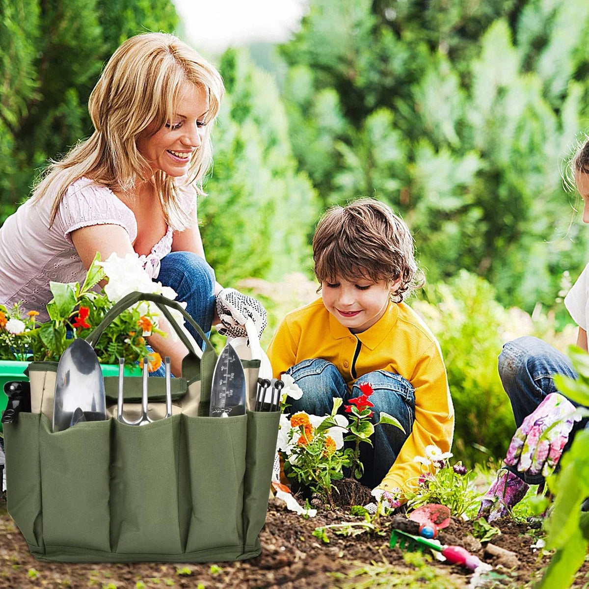 Garden Tool Tote Bag Multiple Pockets Water-Resistant Lining Reinforced Handles