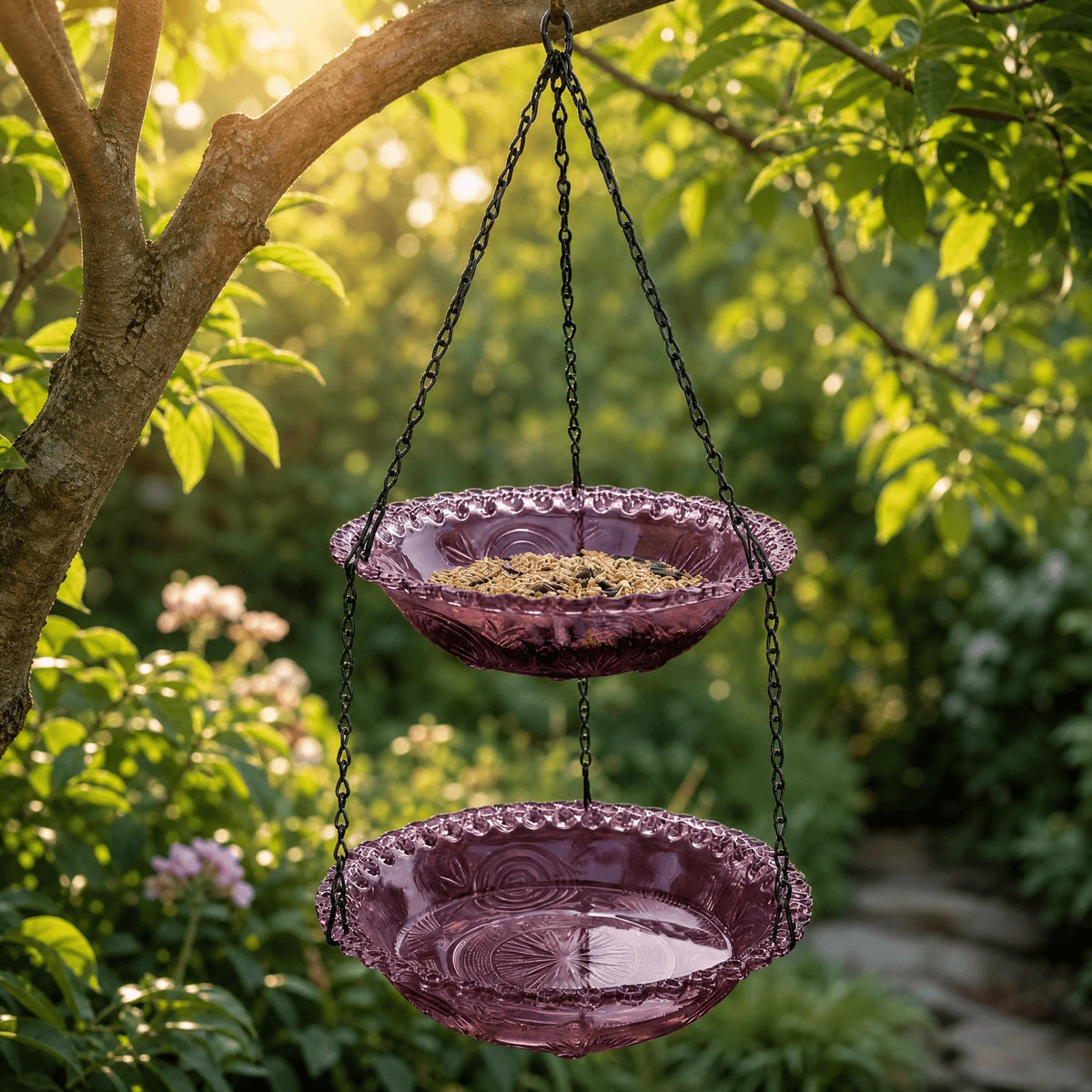 Hanging Bird Feeder & Bird Bath Dual-Tier Weather-Resistant Plastic