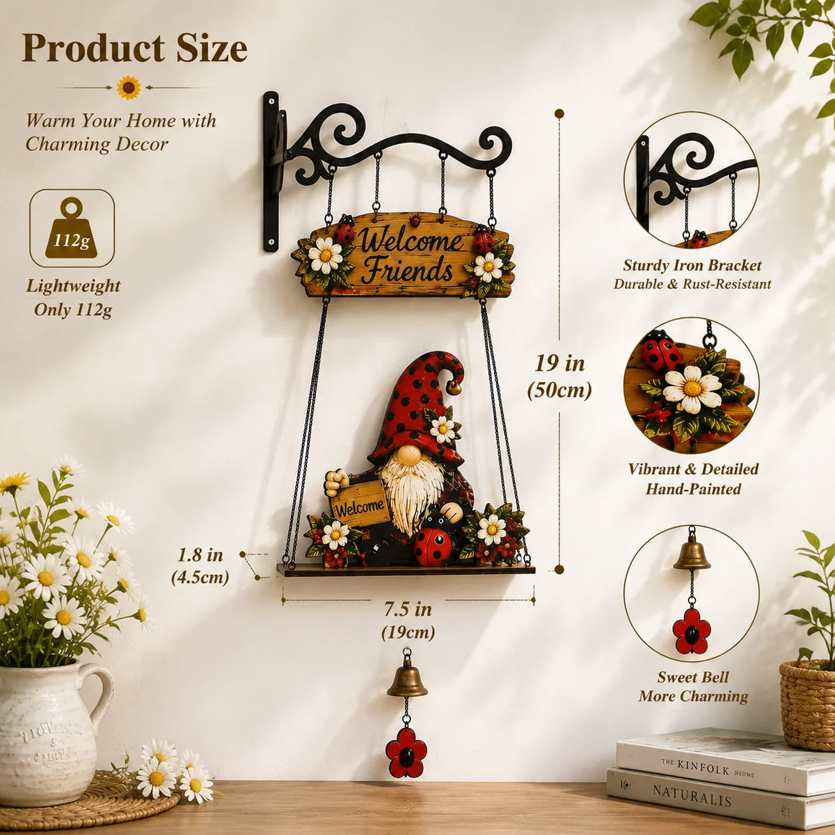 Hanging Welcome Sign Rustic Wood Gnome Bell