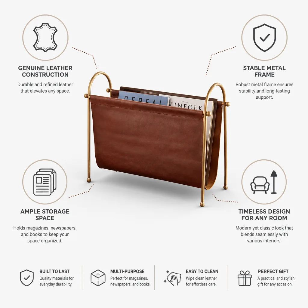 Magazine Holder Genuine Leather Metal Frame Spacious Storage
