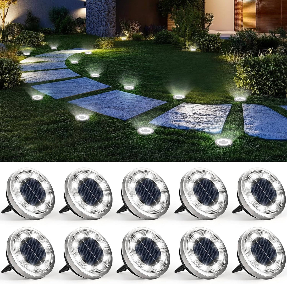 Solar Ground Lights Solar-Powered Stainless Steel Set of 10