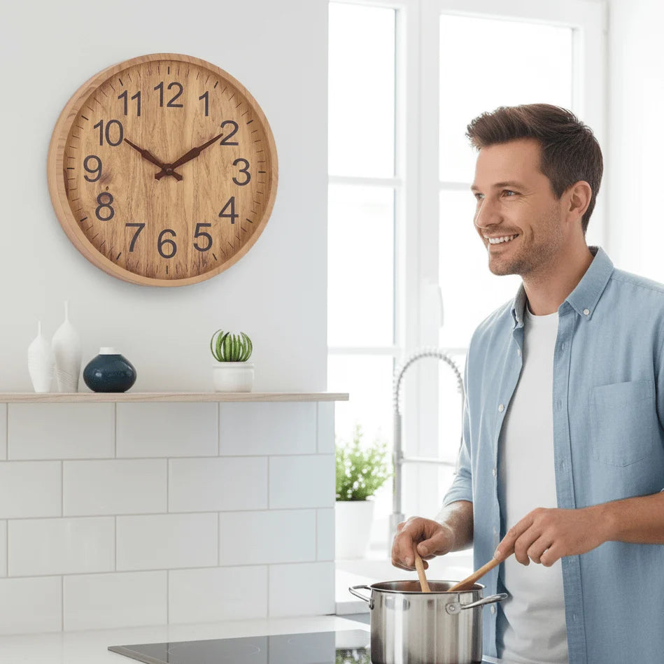 Wall Clock Silent Operation Natural Wood Finish 11.8-Inch