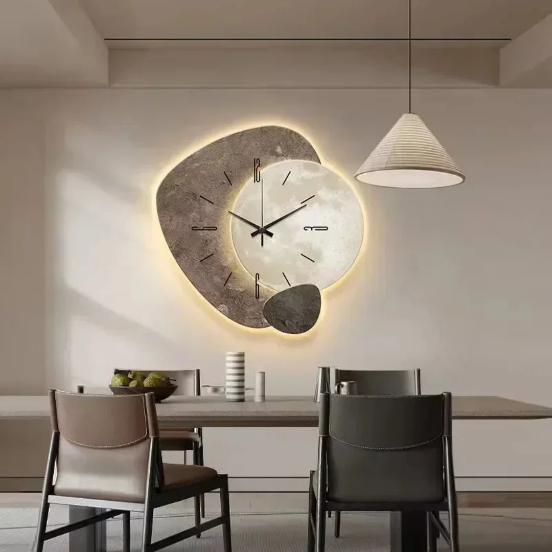 Wall Clock Wooden Geometric Design Silent Quartz LED Backlight