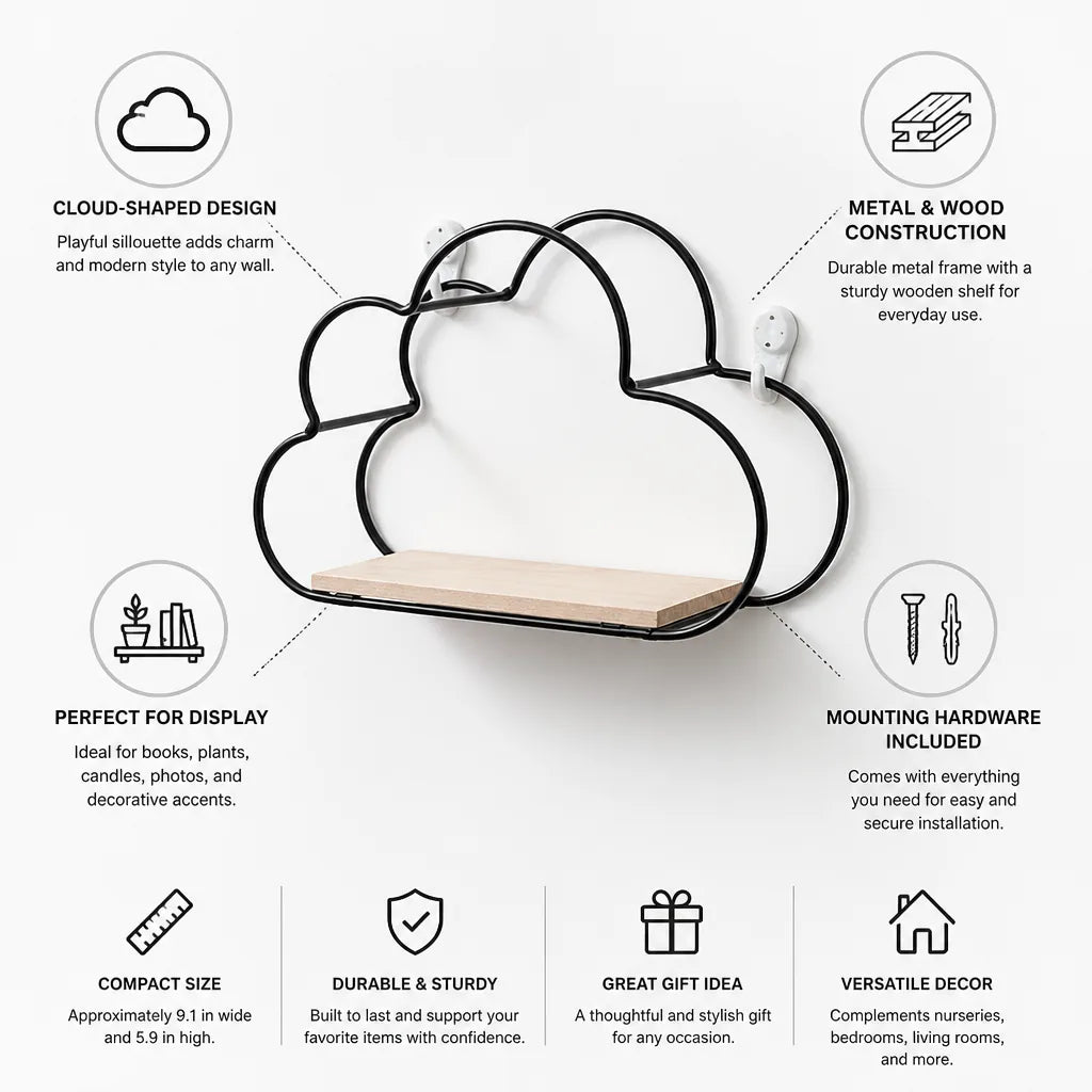 Wall Shelf Cloud-Shaped Metal & Wood Construction