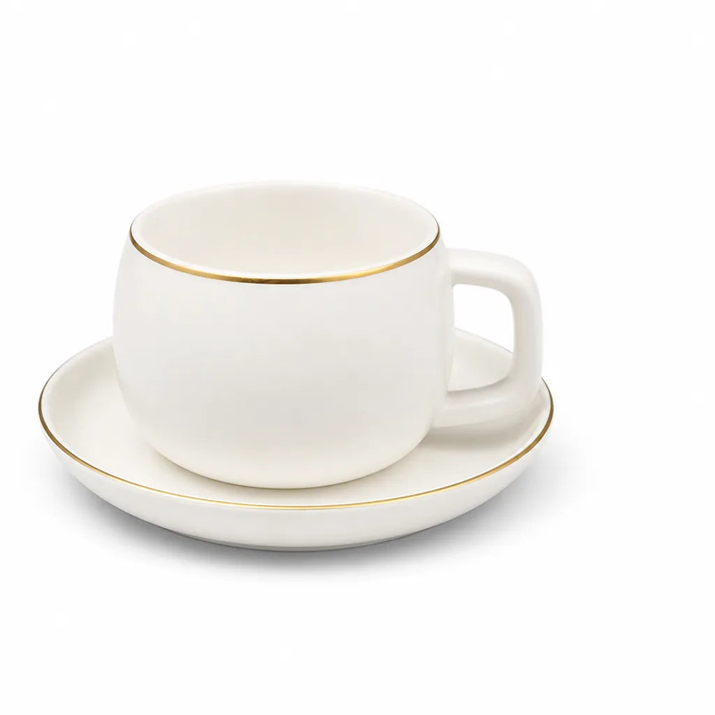 Wide Rounded Coffee Cup and Saucer with Gold Rim (Set of 2)
