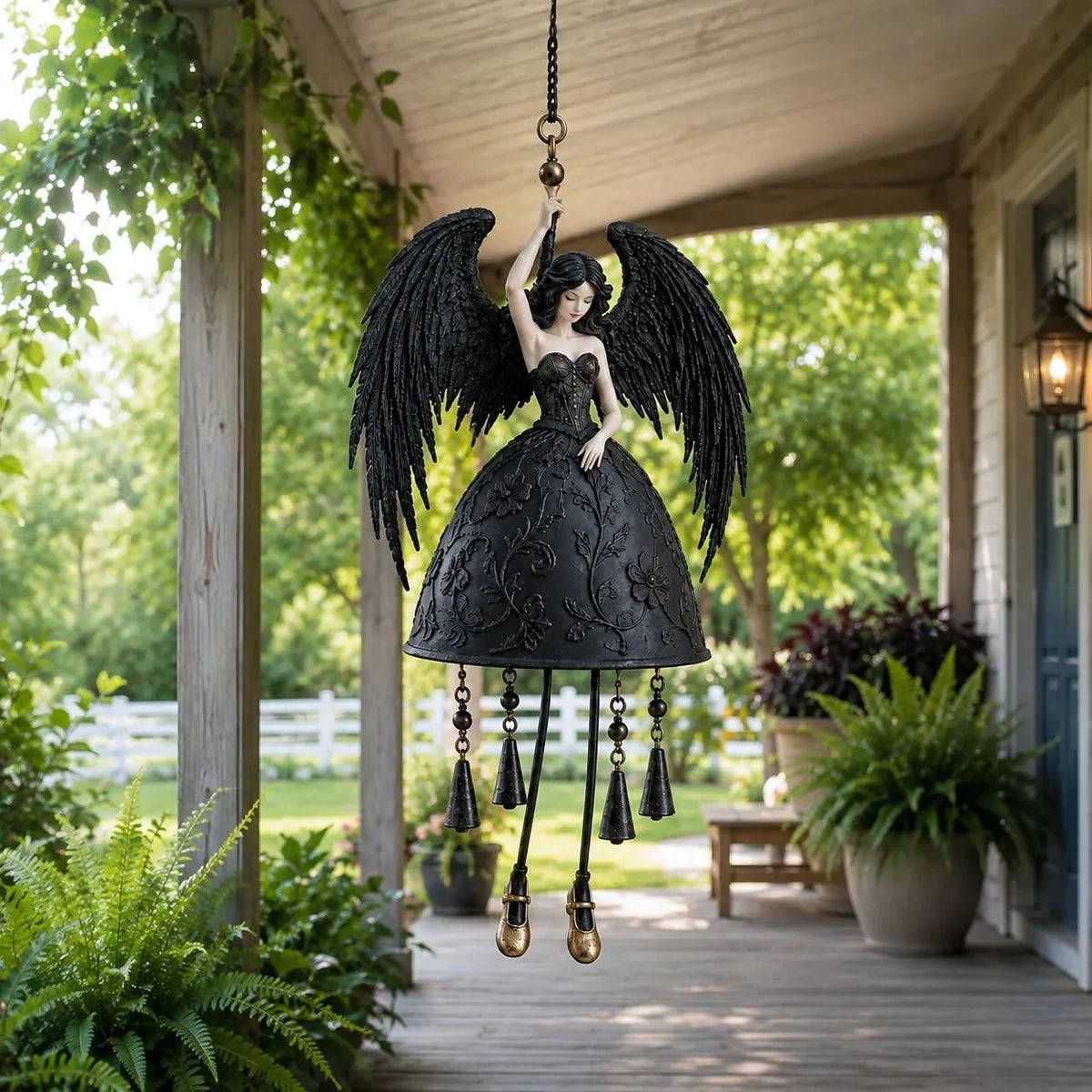 Wind Chime Gothic Angel Black Wings Hanging Chimes