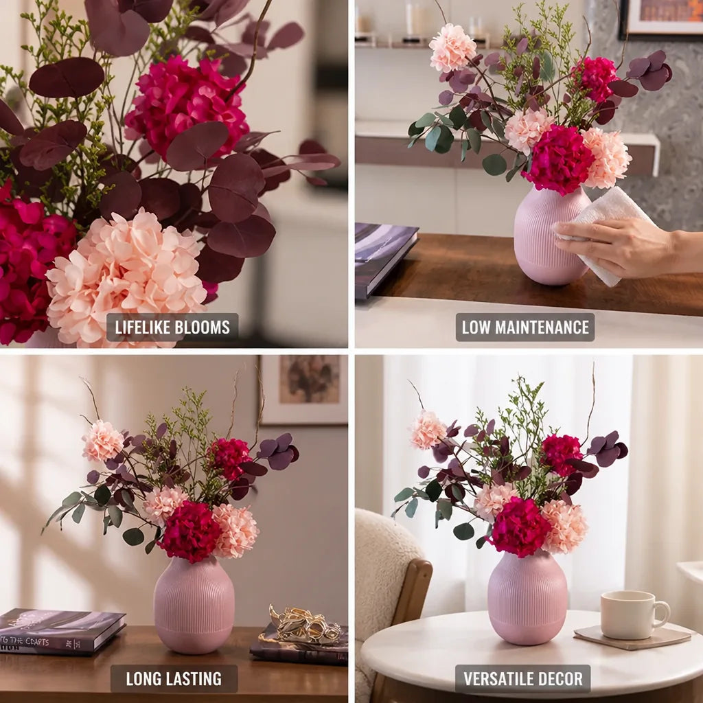 Artificial Floral Arrangement Lifelike Silk Blooms With Vase