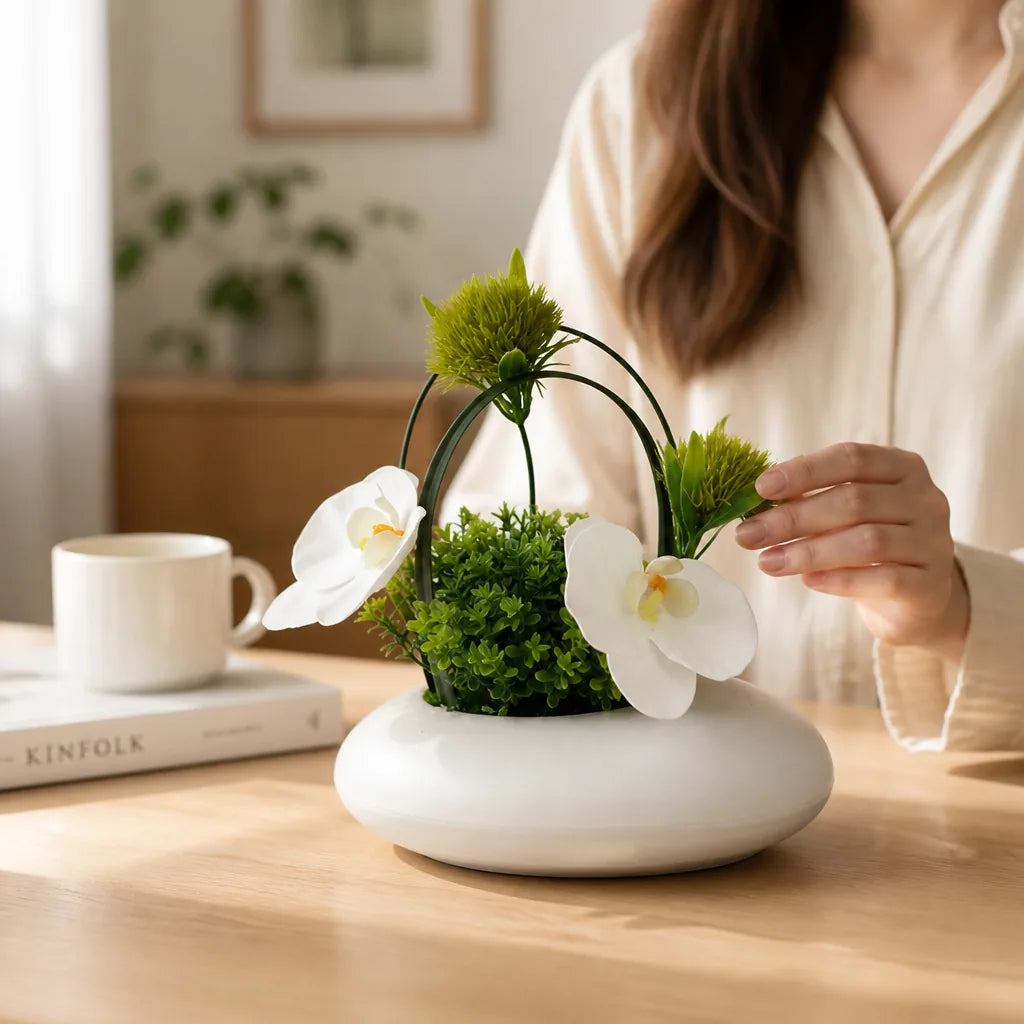 Artificial Flower Arrangement Lifelike White Vase & Modern Base