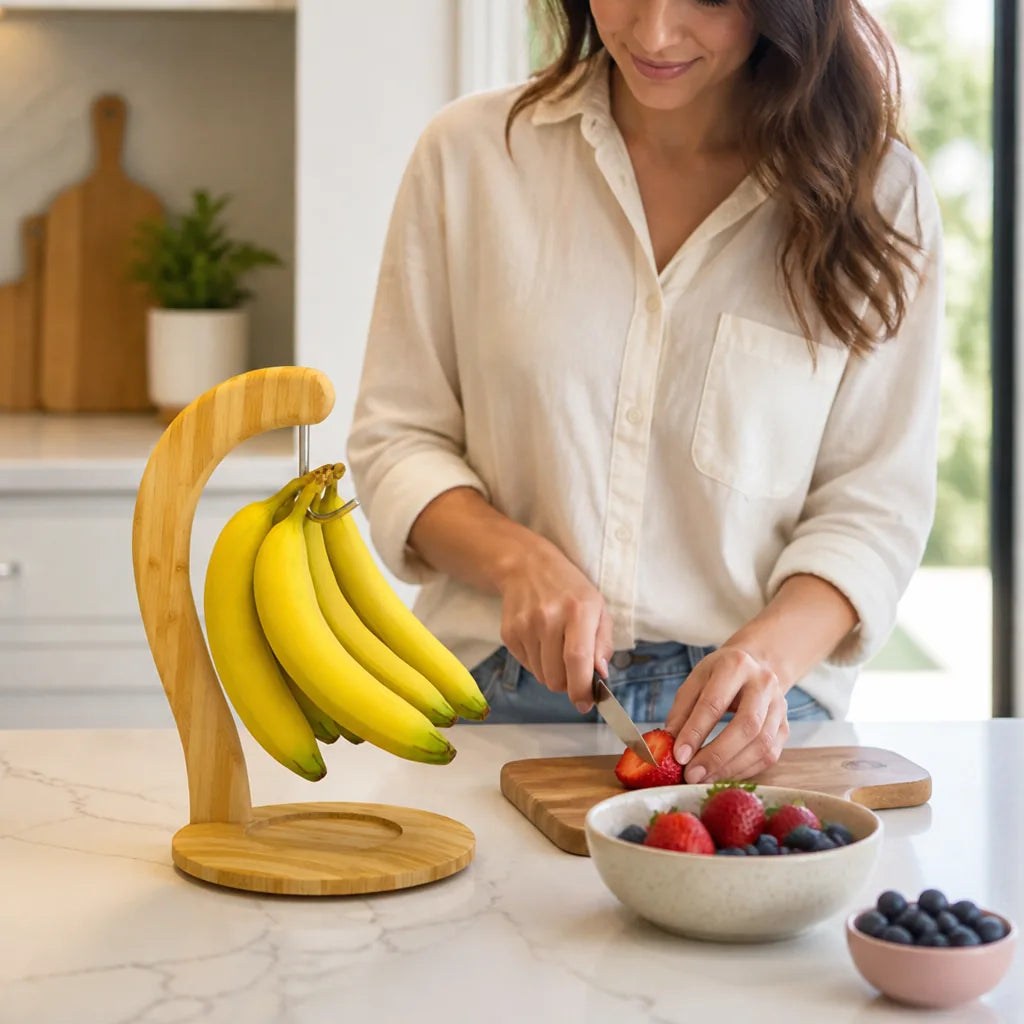 Bamboo Countertop Banana Hanger Stand With Curved Hook