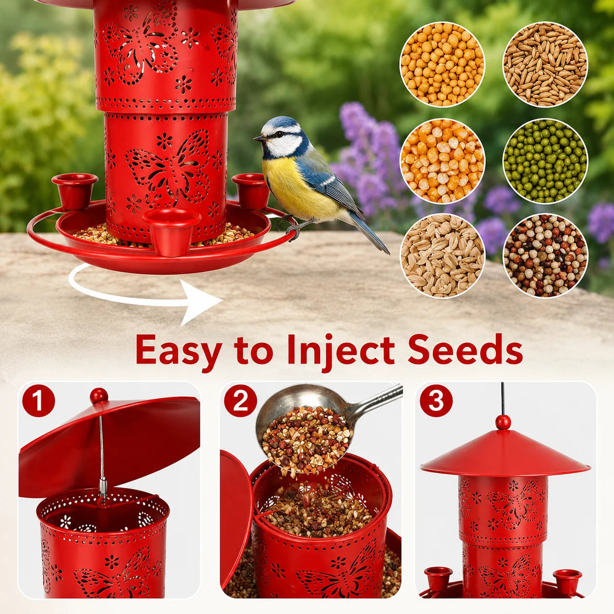 Bird Feeder Retractable Metal 32 Oz Capacity Three Water Cups