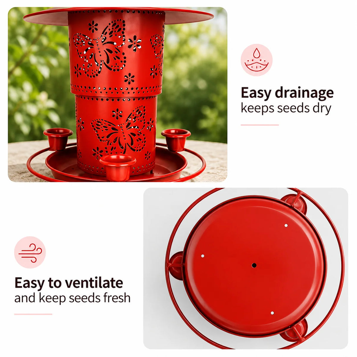 Bird Feeder Retractable Metal 32 Oz Capacity Three Water Cups