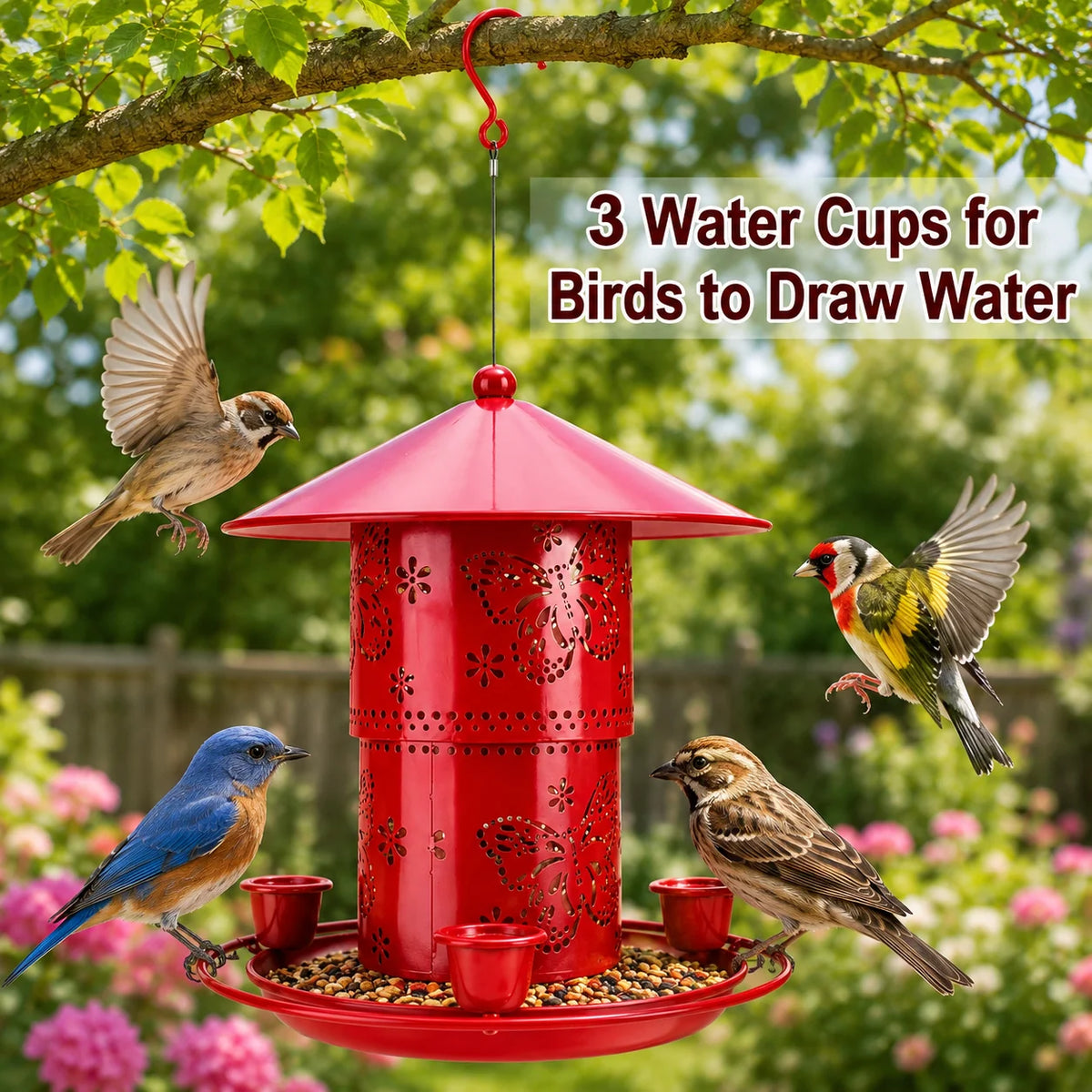 Bird Feeder Retractable Metal 32 Oz Capacity Three Water Cups