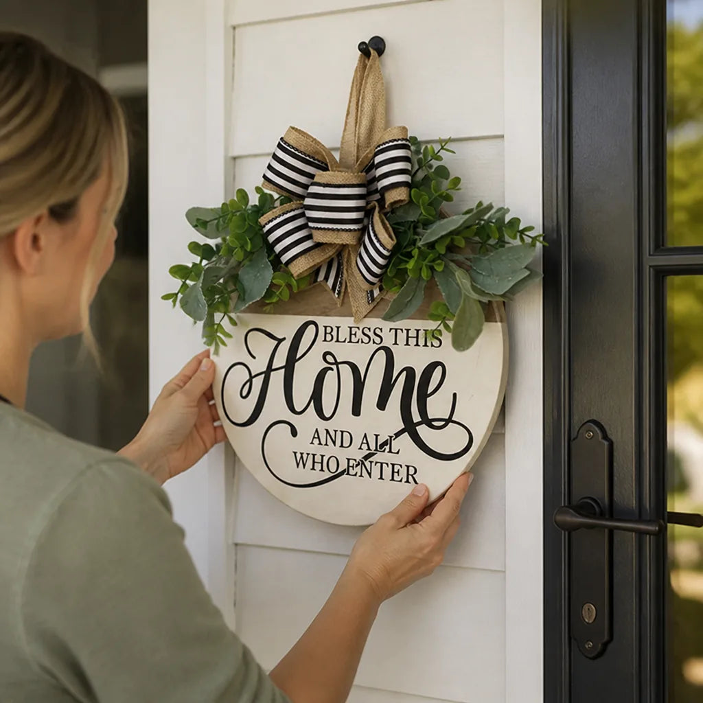 Bless This Home Calligraphy Wall Sign with Burlap Bow