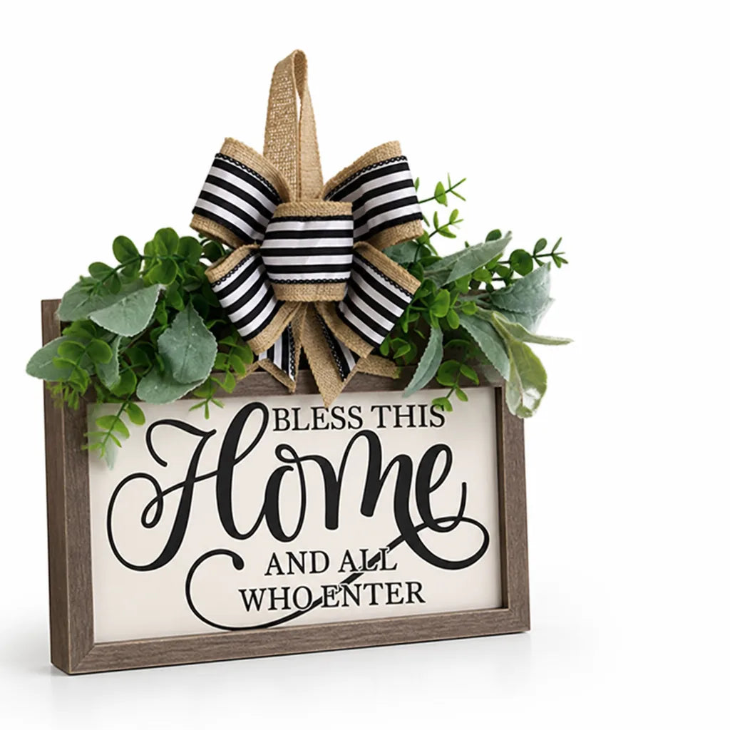 Bless This Home Calligraphy Wall Sign with Burlap Bow