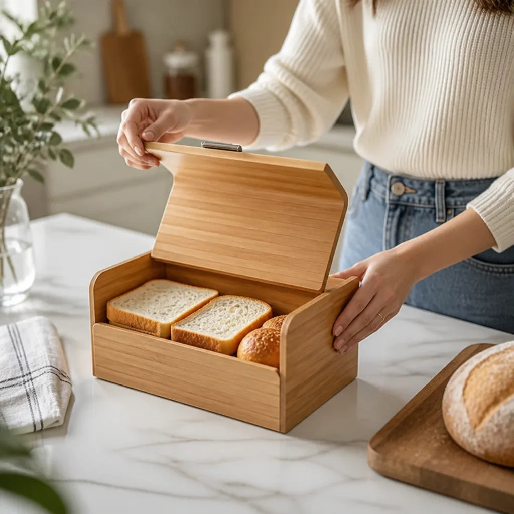 Bread Storage Box Wooden Flip-Top Lid