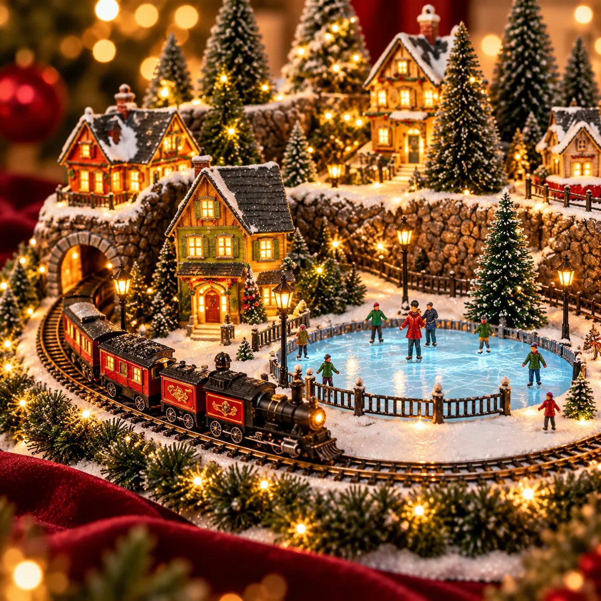 Christmas Village Decoration Moving Train Warm Lights & Holiday Music