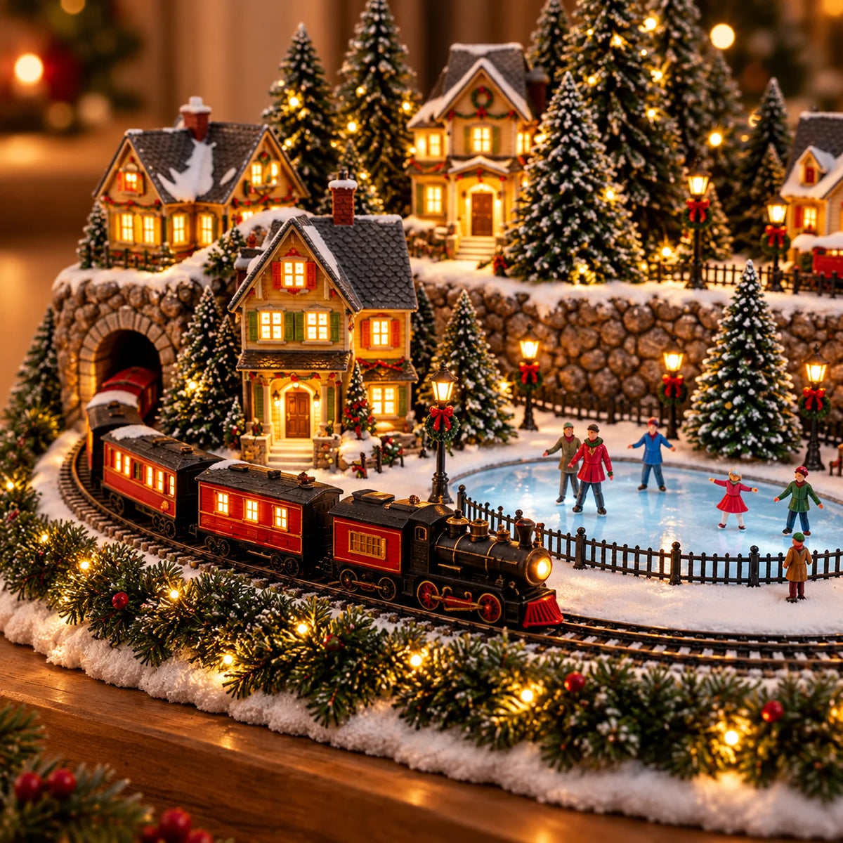 Christmas Village Decoration Moving Train Warm Lights & Holiday Music