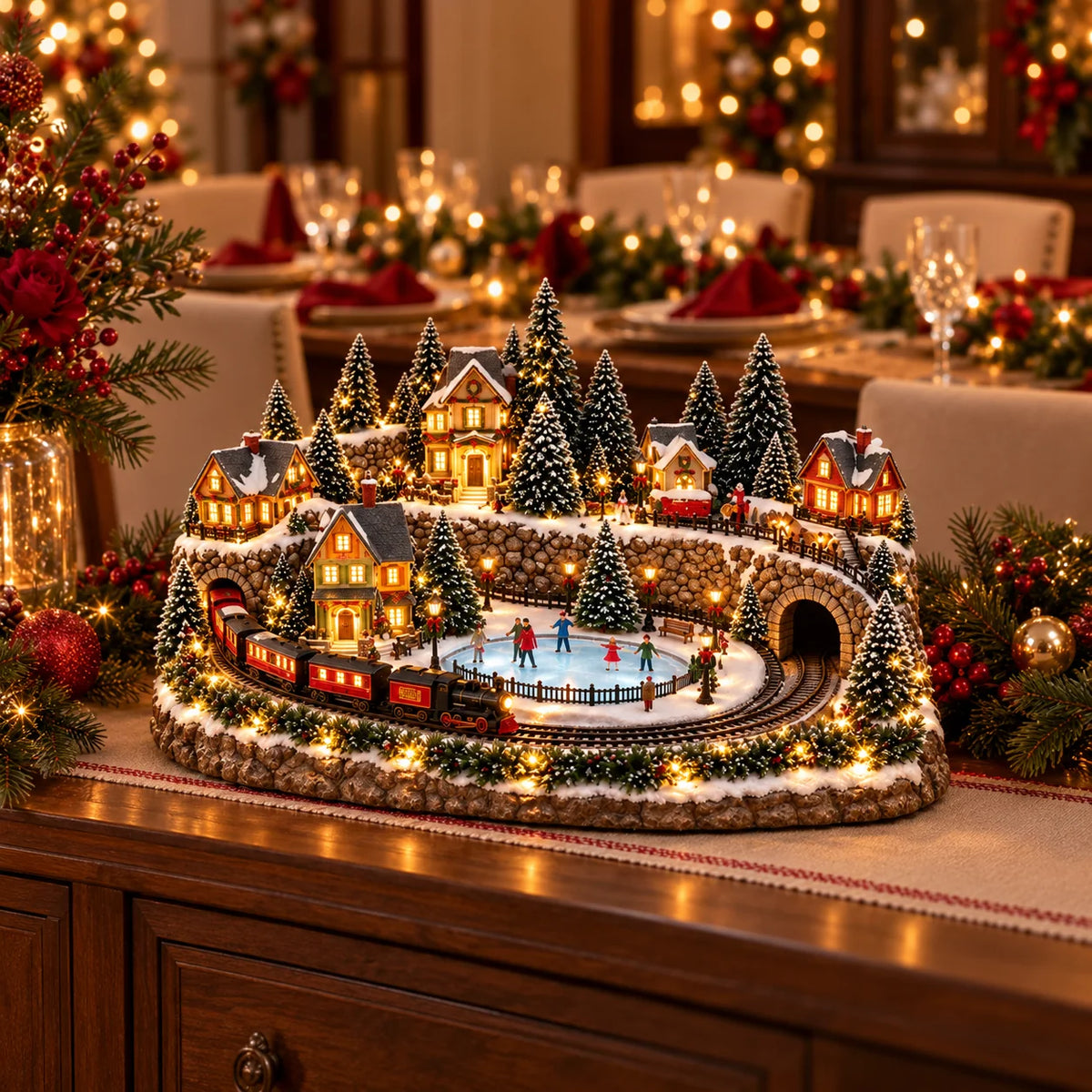 Christmas Village Decoration Moving Train Warm Lights & Holiday Music