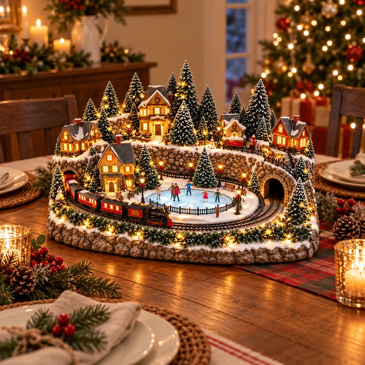 Christmas Village Decoration Moving Train Warm Lights & Holiday Music