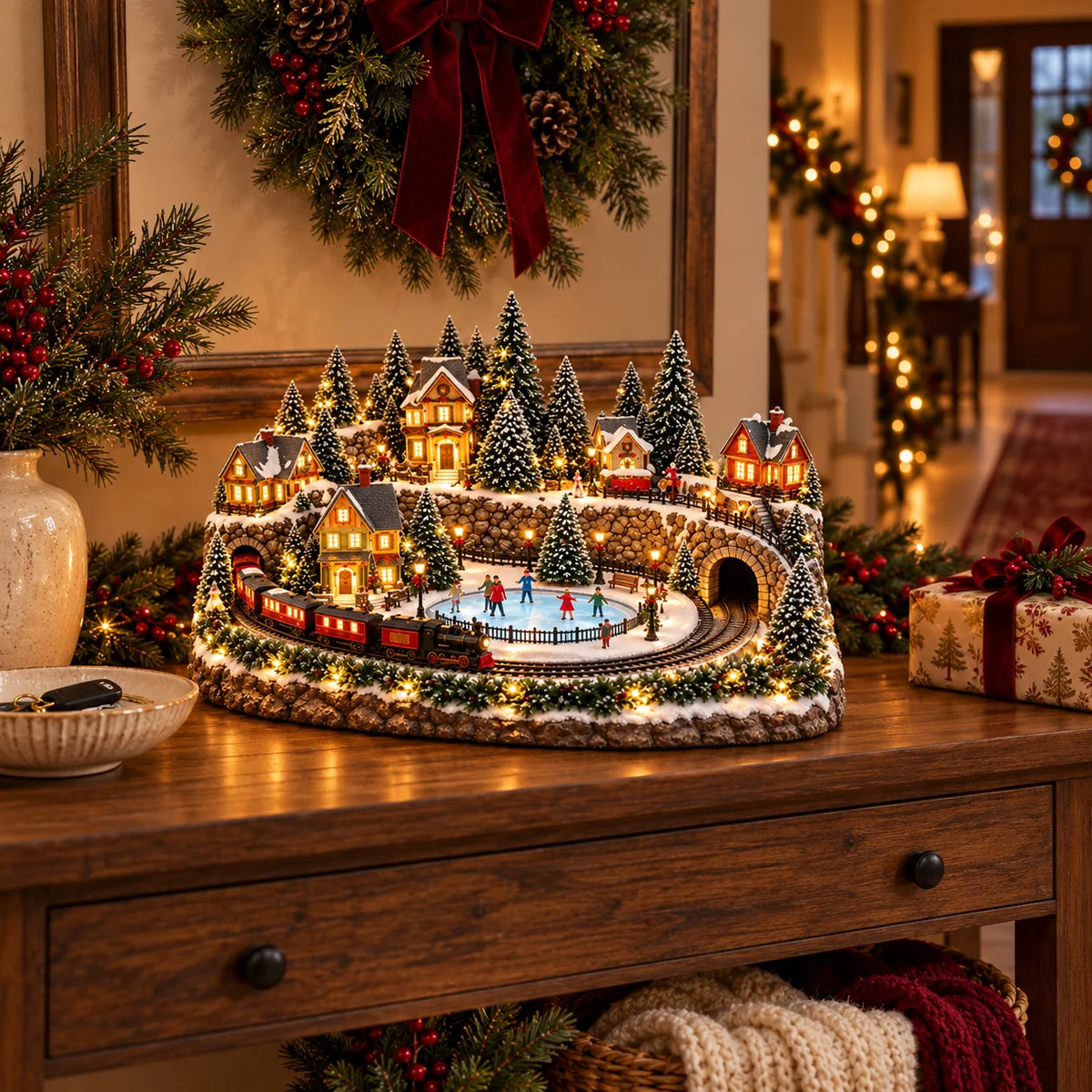Christmas Village Decoration Moving Train Warm Lights & Holiday Music