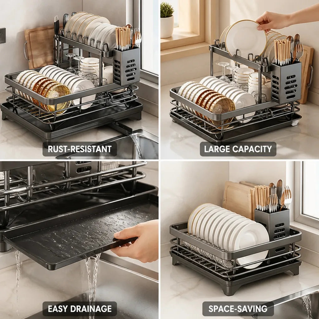 Dish Drying Rack Stainless Steel Rust-Resistant Drain Tray