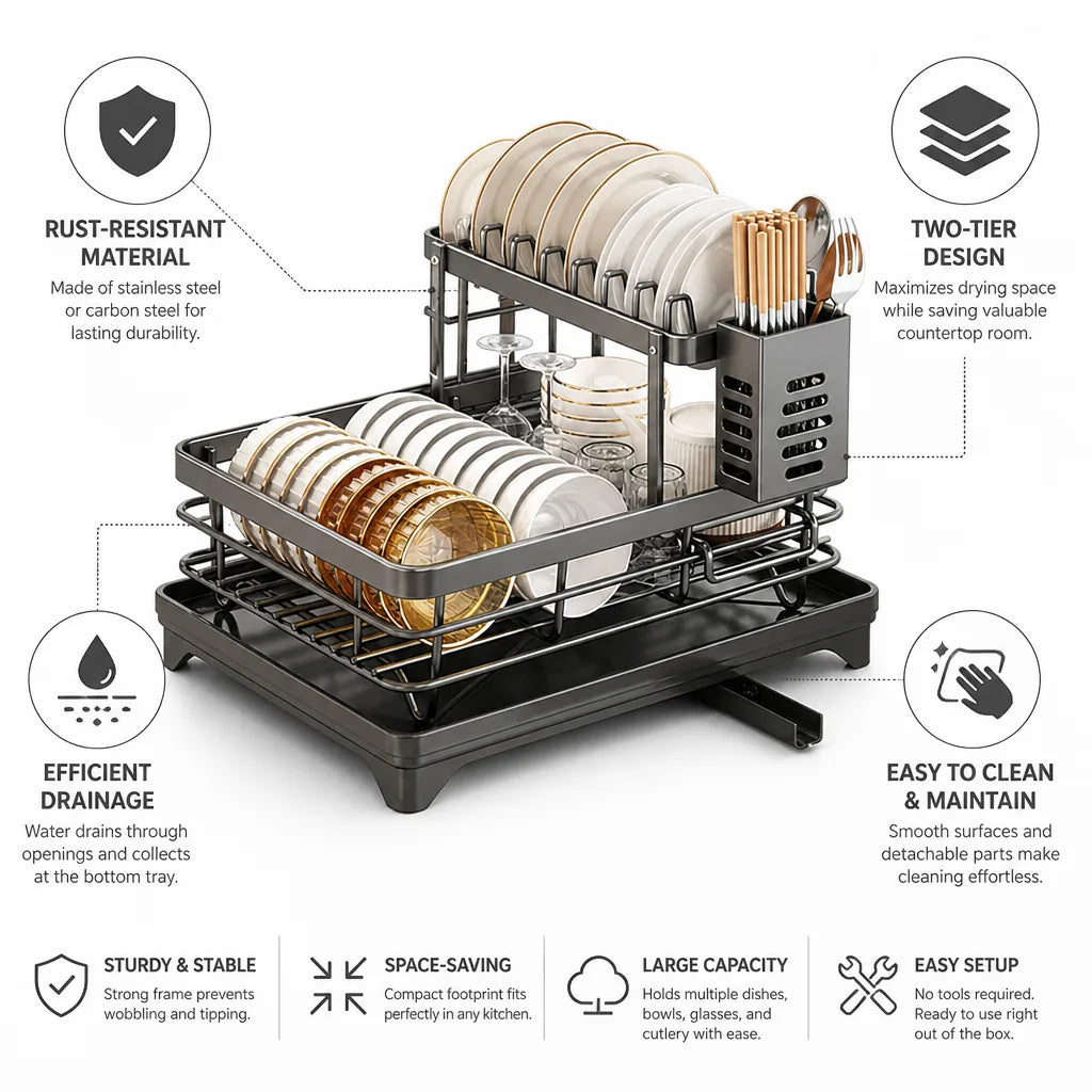 Dish Drying Rack Stainless Steel Rust-Resistant Drain Tray