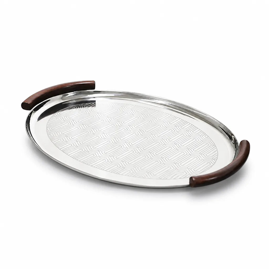 Engraved Metal Serving Tray with Wooden Handles