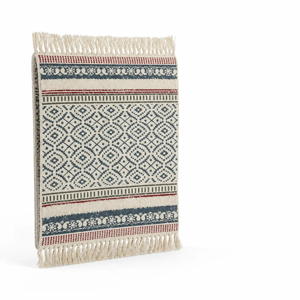 Flat-Woven Low-Pile Cotton-Blend Bed Runner with Fringed Ends