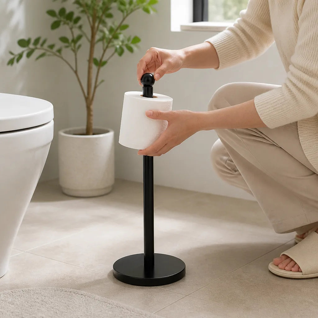 Floor-Standing Toilet Paper Holder Black Stainless Steel Rust-Resistant Base