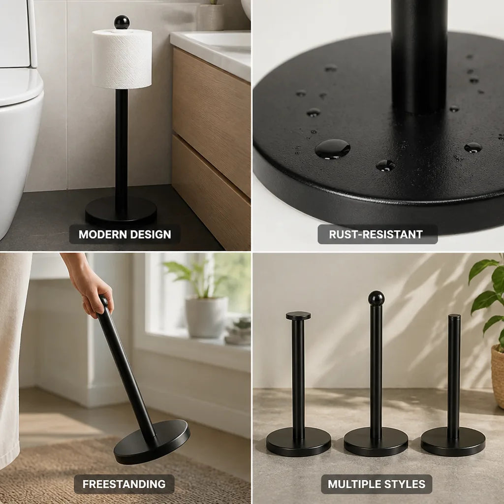 Floor-Standing Toilet Paper Holder Black Stainless Steel Rust-Resistant Base