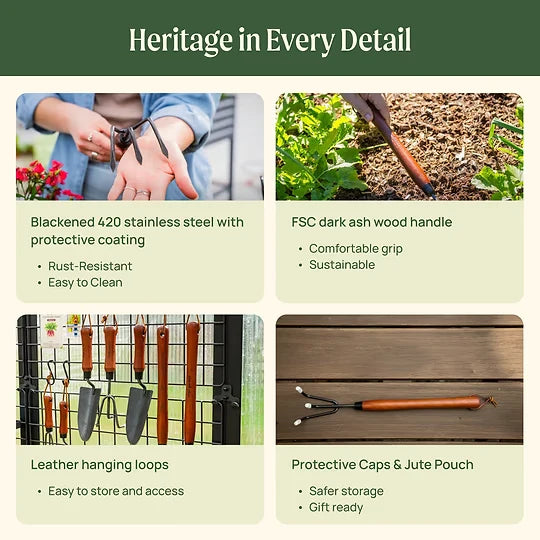 Garden Cultivator Long Handle Steel Prongs Wood Grip