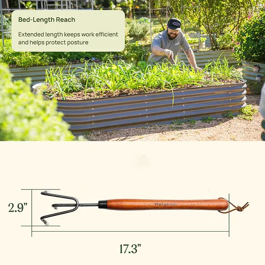 Garden Cultivator Long Handle Steel Prongs Wood Grip