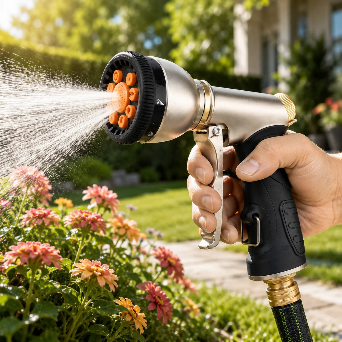Garden Hose Nozzle Metal 9 Spray Patterns Adjustable Flow Control