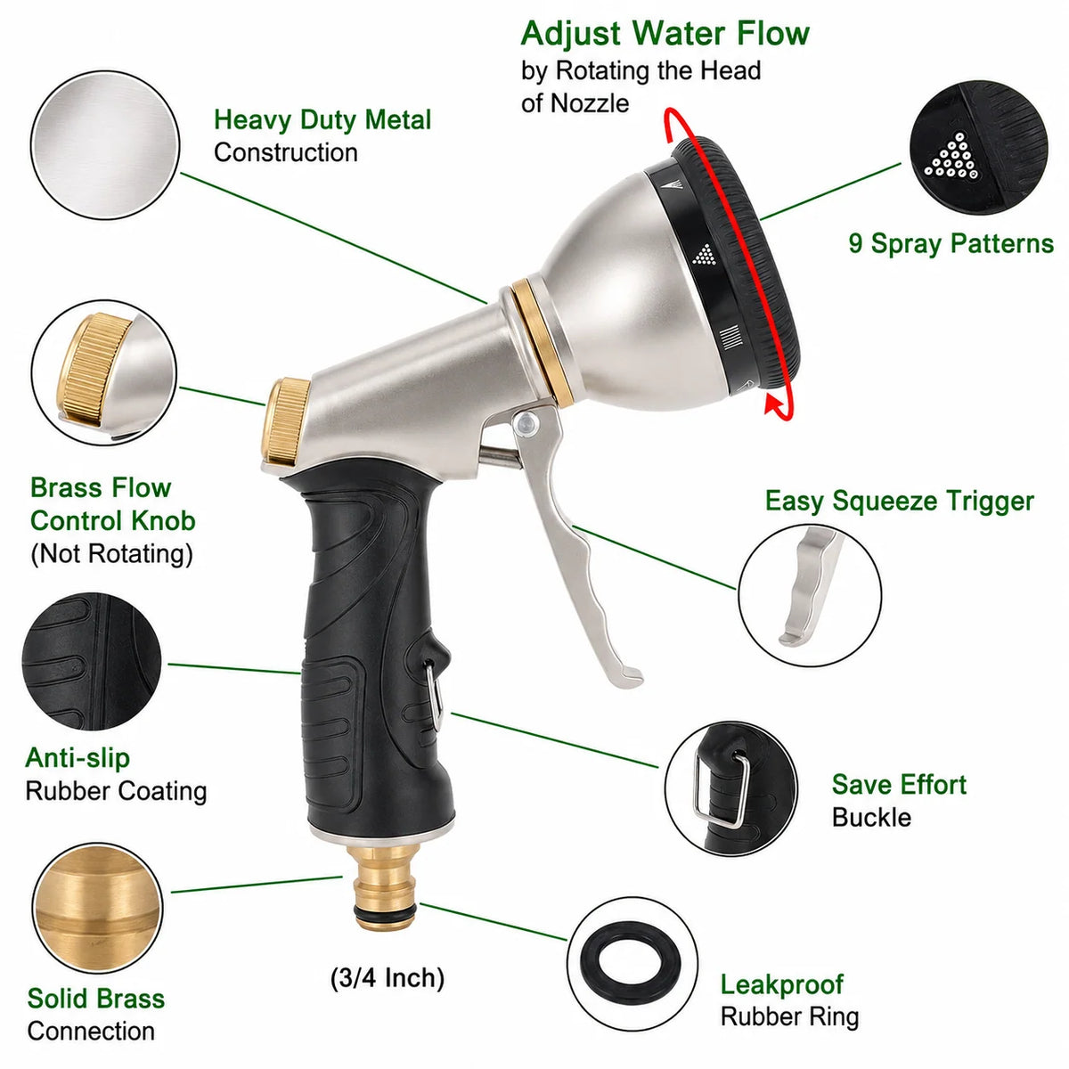 Garden Hose Nozzle Metal 9 Spray Patterns Adjustable Flow Control