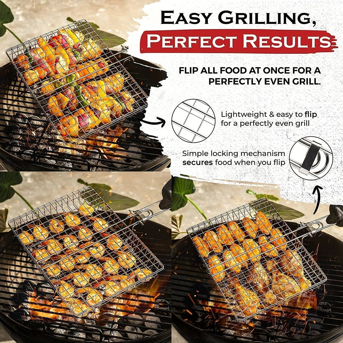 Grill Basket Stainless Steel Folding Locking Handle