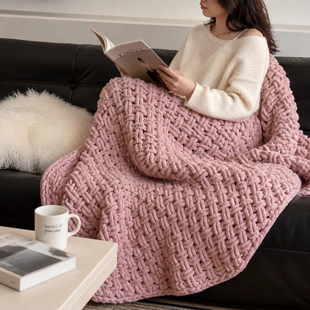 Hand-Knitted Chenille Loose-Mesh Knit Throw Blanket