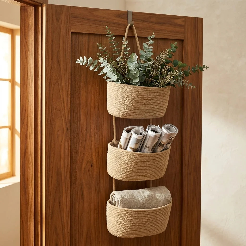 Hanging Storage Basket 3-Tier Over-Door Woven Cotton