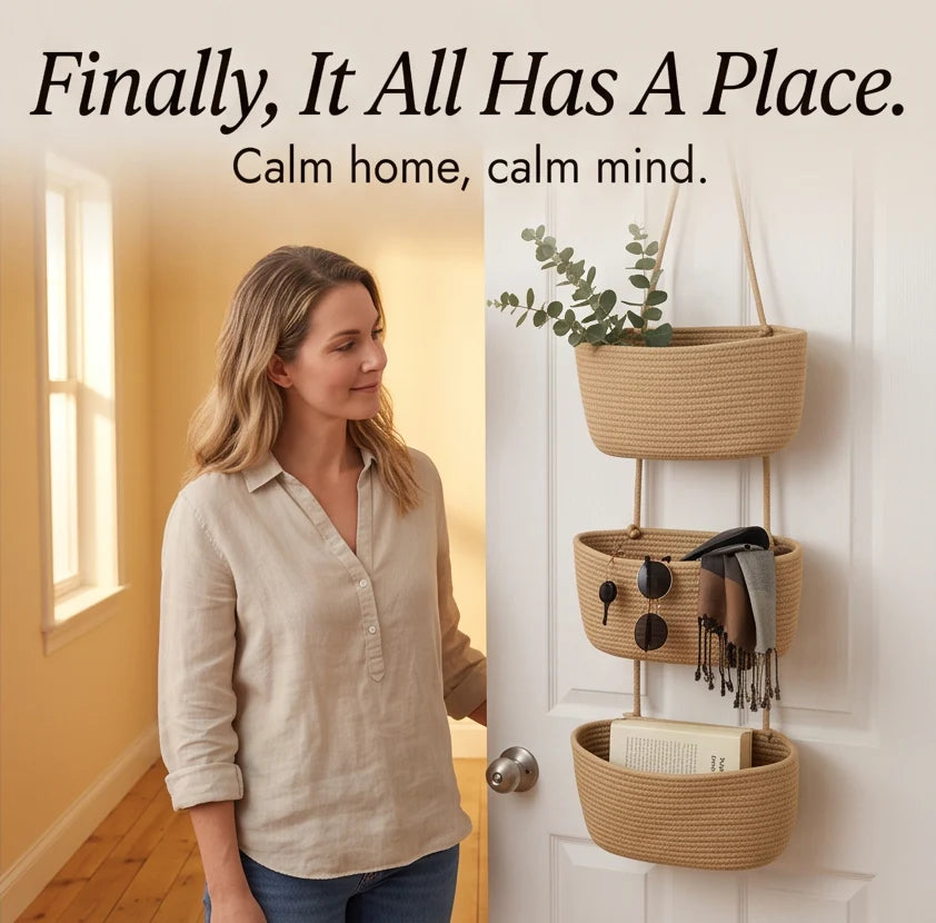 Hanging Storage Basket 3-Tier Over-Door Woven Cotton