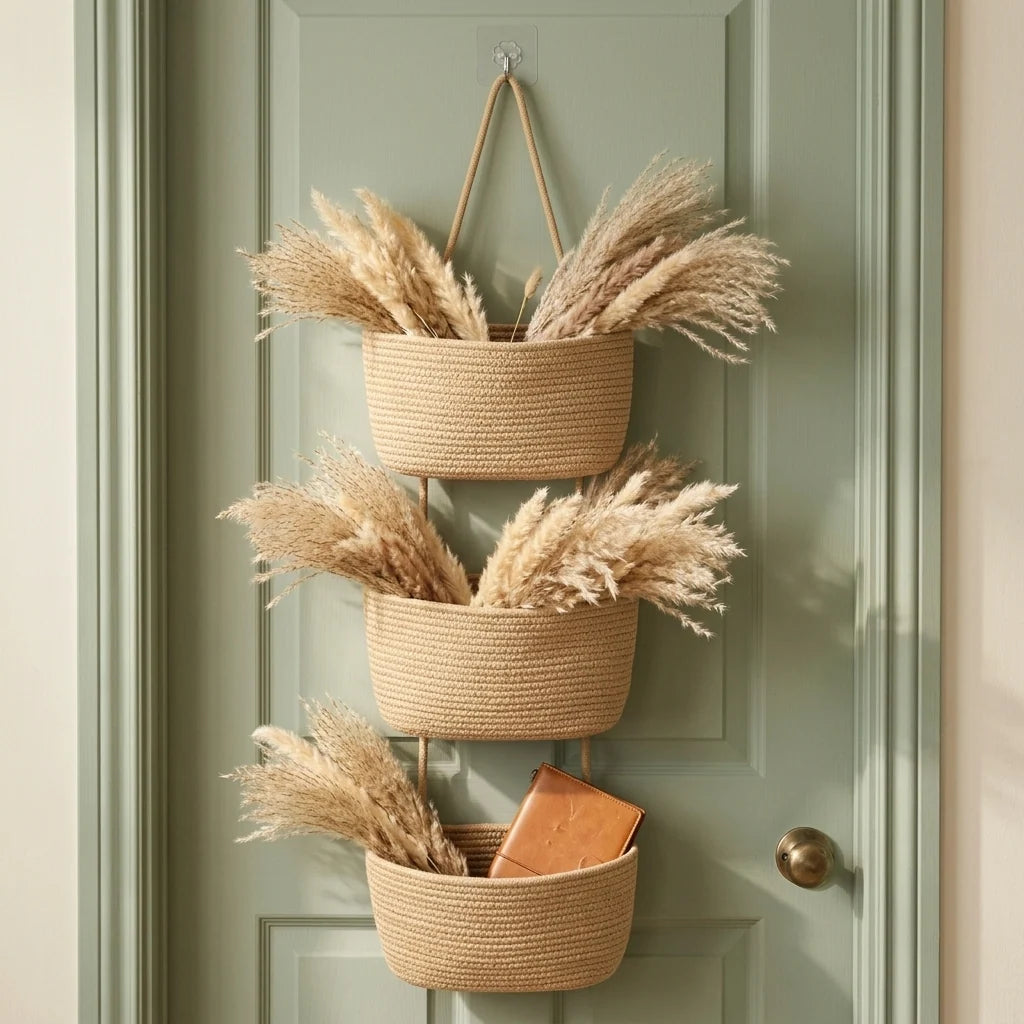 Hanging Storage Basket 3-Tier Over-Door Woven Cotton