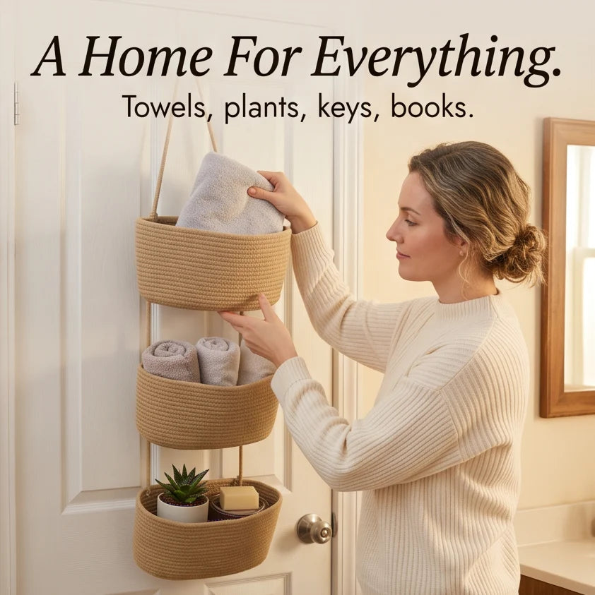 Hanging Storage Basket 3-Tier Over-Door Woven Cotton