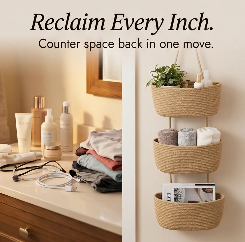 Hanging Storage Basket 3-Tier Over-Door Woven Cotton