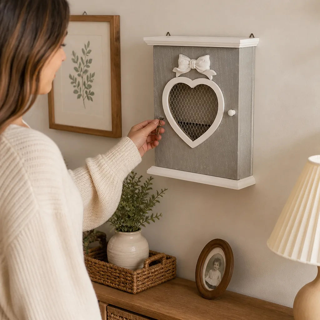 Heart-Shaped Wood Wall Cabinet with Decorative Bow
